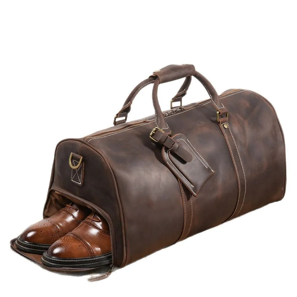 Men's genuine first layer cowhide leather travel bag in retro solid colour, available in black or dark brown, 50cm or 55cm