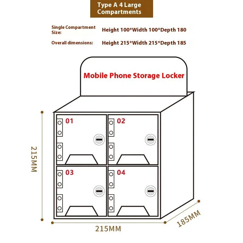 Clear acrylic mobile phone storage cabinet with charging holes, multiple compartments for office desk organisation