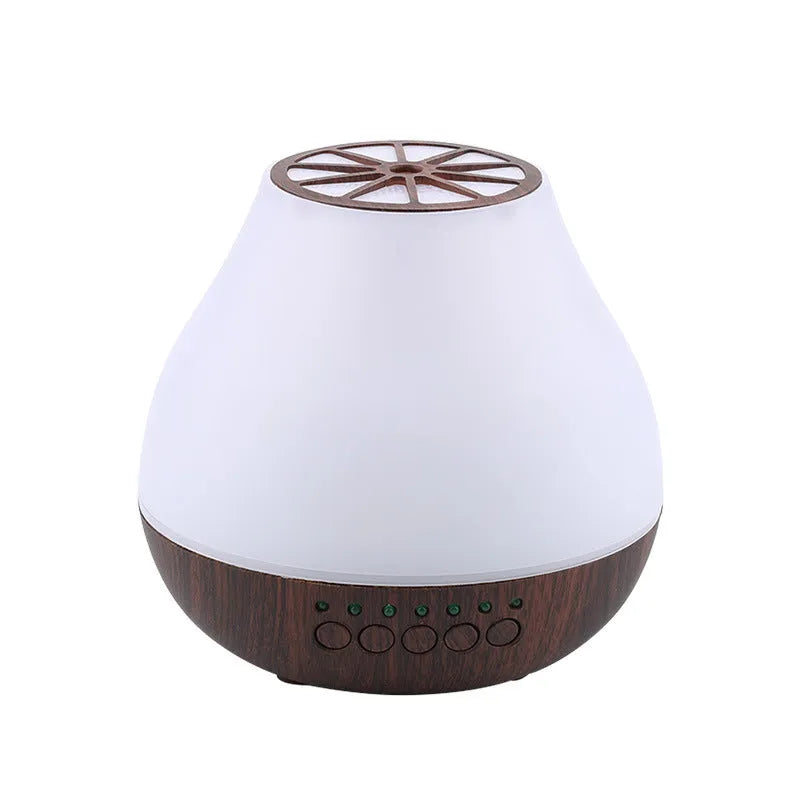 USB essential oil diffuser with wood grain finish and colourful LED mood lighting