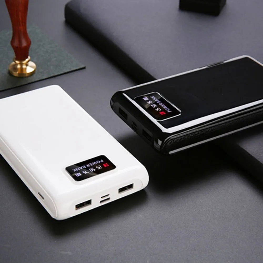 18650 DIY charging bank case kit showing front with ports and internal battery compartments for six cells