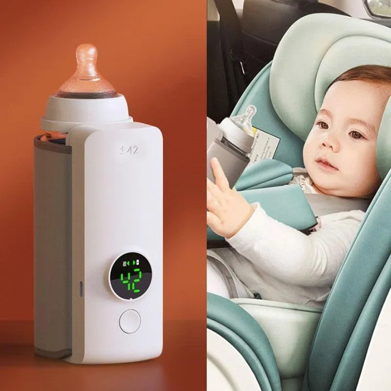 Grey portable USB rechargeable baby bottle warmer with digital display wrapped around a baby bottle.