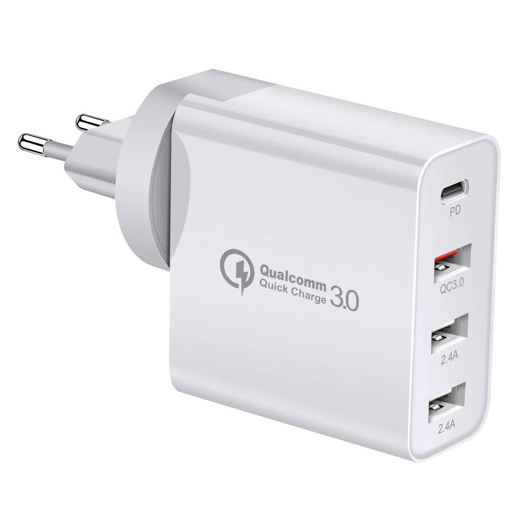 Black and white 48W four-port USB-C mobile phone wall charger with LED light.