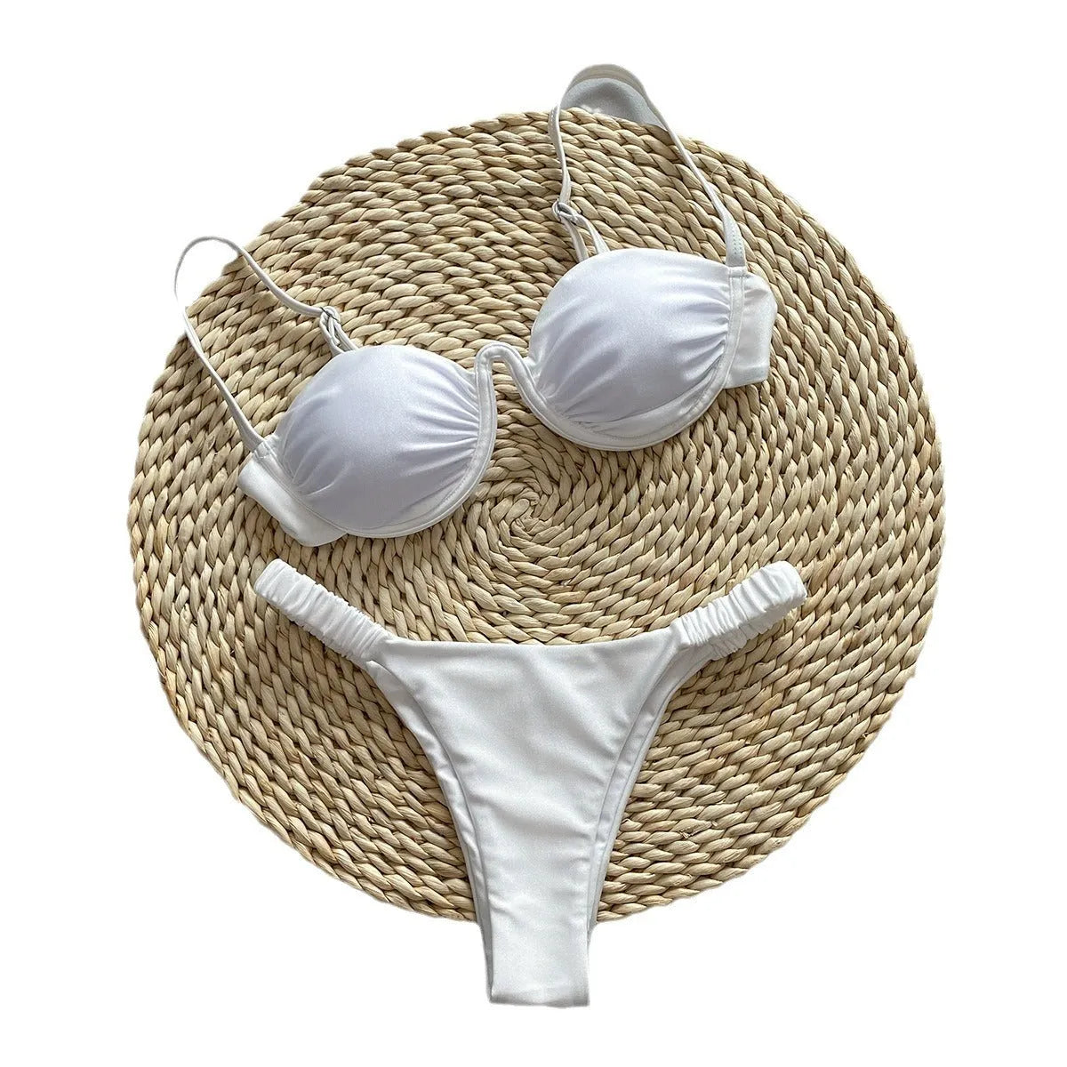Women's black underwire bikini swimsuit set with split briefs on a mannequin.