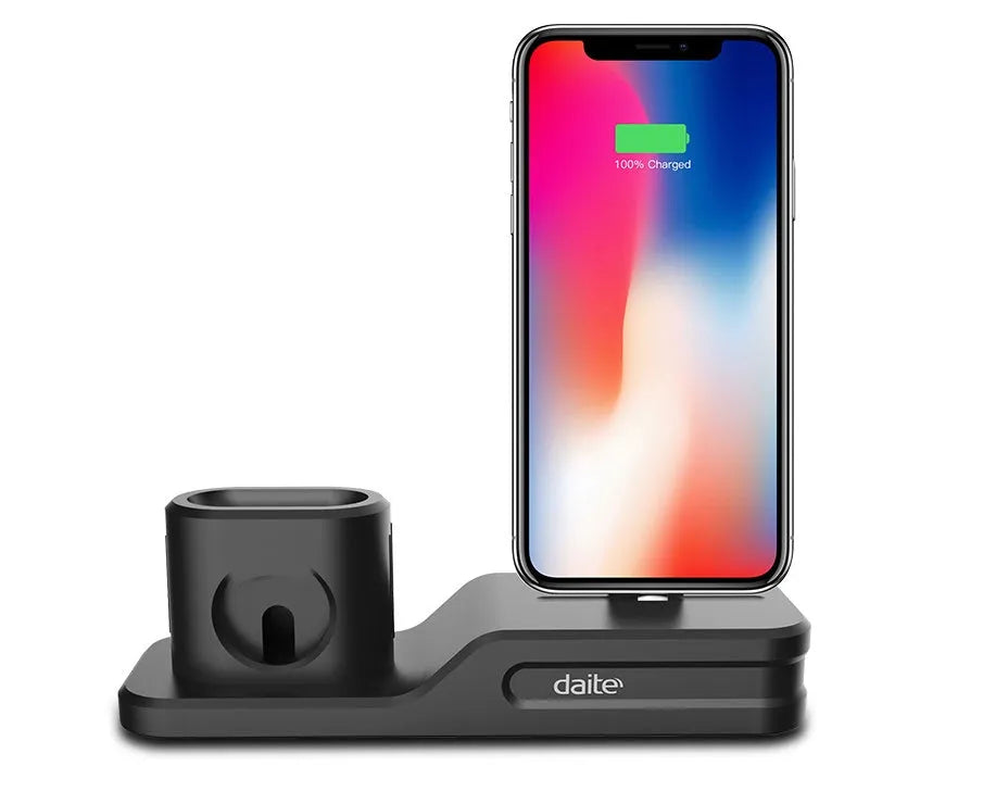 Black silicone 3-in-1 charging base for Apple-compatible iPhone, iWatch and AirPods devices on flat surface