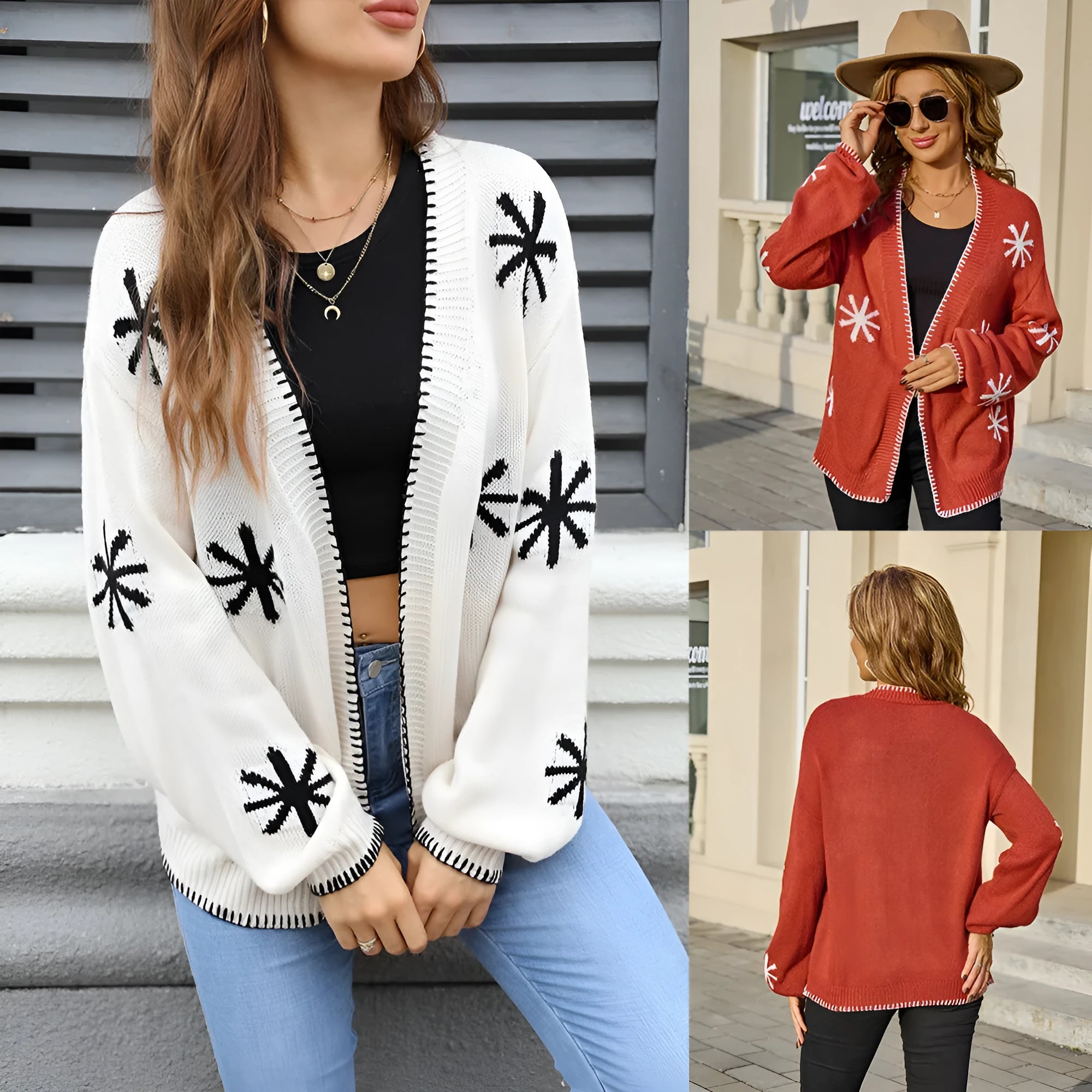 Beige Jacquard floral pattern knitted coat on a hanger, showing loose cardigan style and regular sleeves.