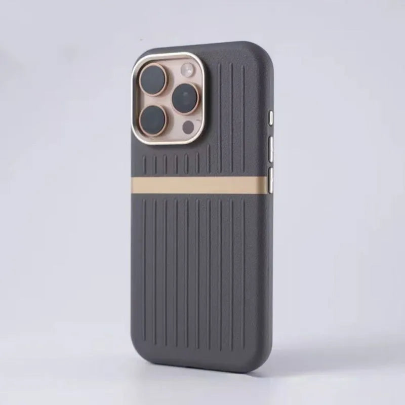 Corrugated magnetic phone case in black with frosted imitation leather finish for IPhone 15.