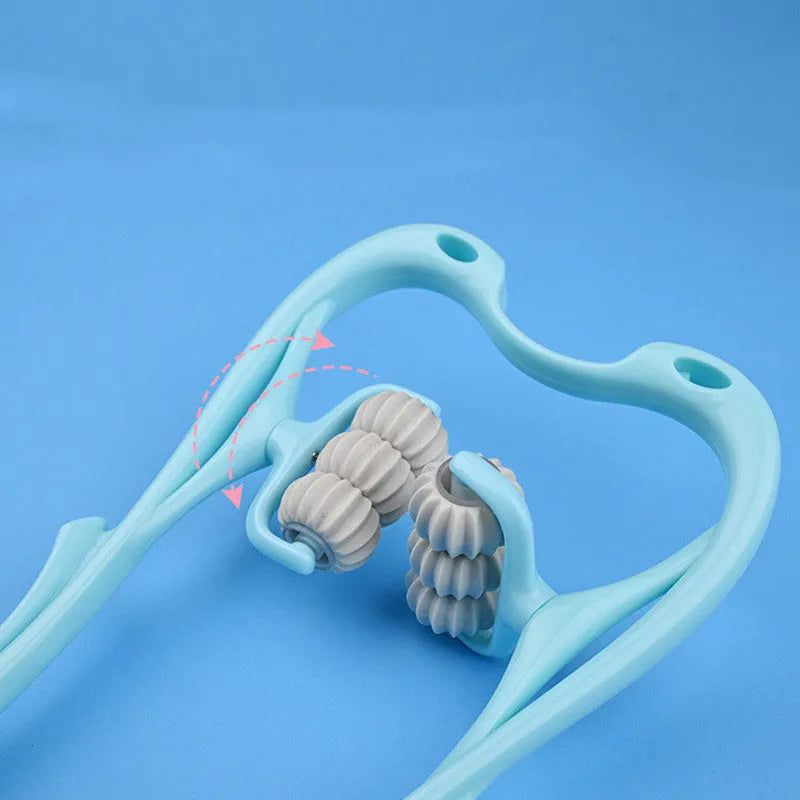 Pink and blue swan-shaped manual neck massager with six wheels and a white crystal jade scraping board.