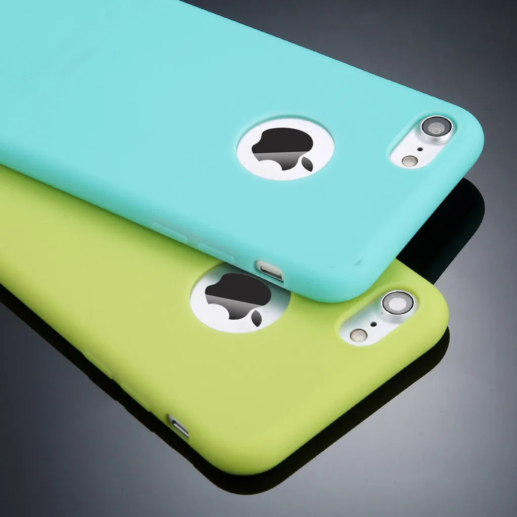 USLION soft silicon candy colour phone case for iPhone X XR 7 6 5 models on a table.