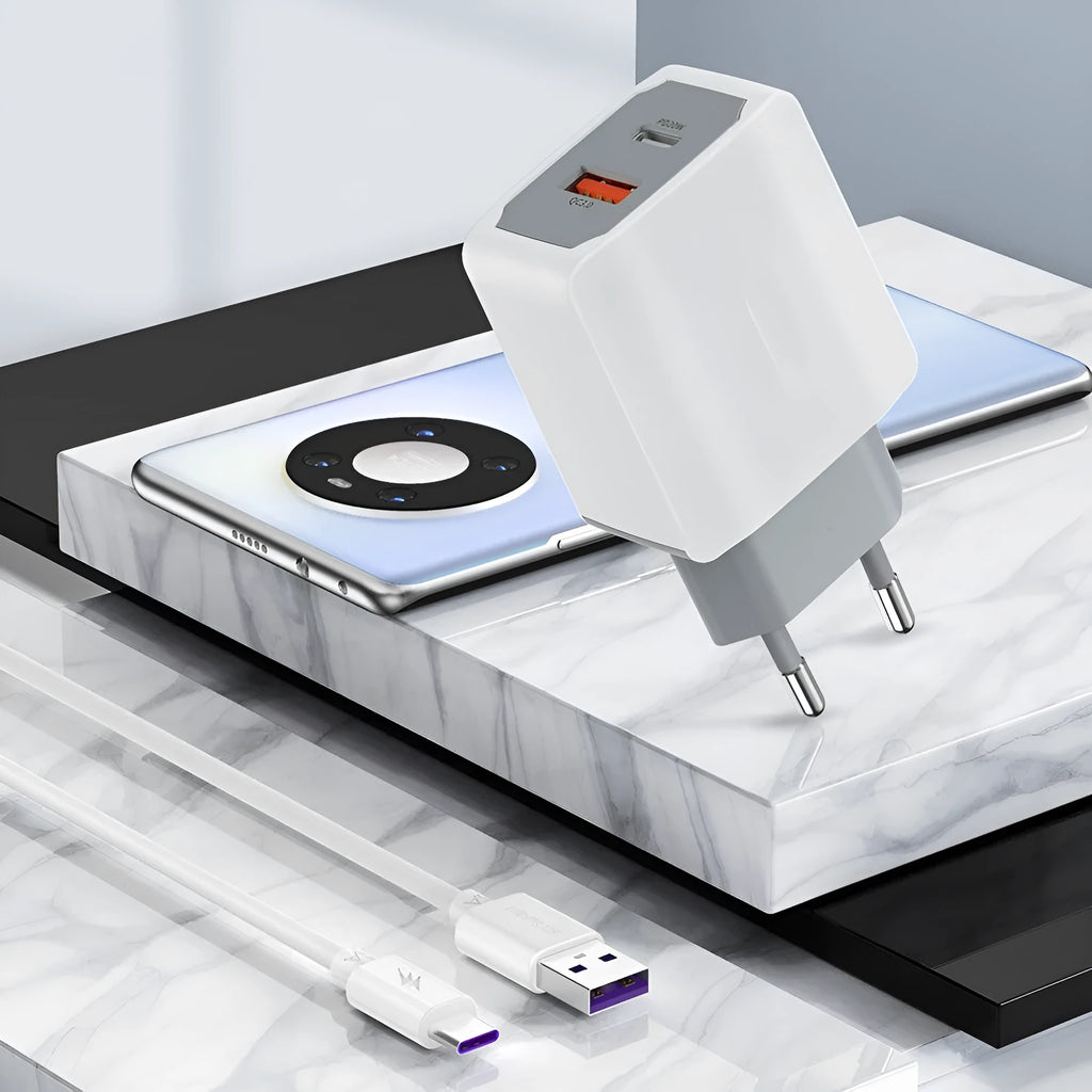 White USB fast charger set with compact charging head and 1.8m European standard fast charge cable