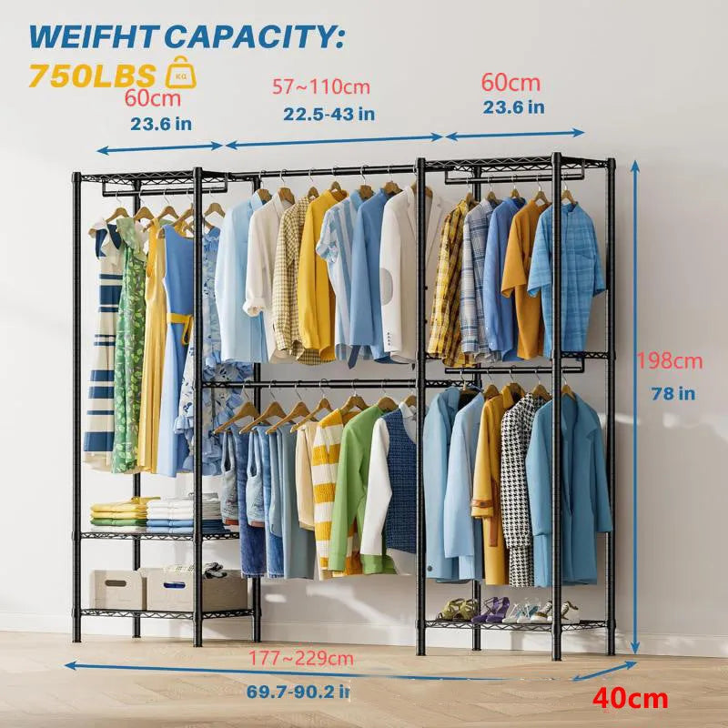 Black metal floor storage rack with carbon steel construction for hanging clothes and garments