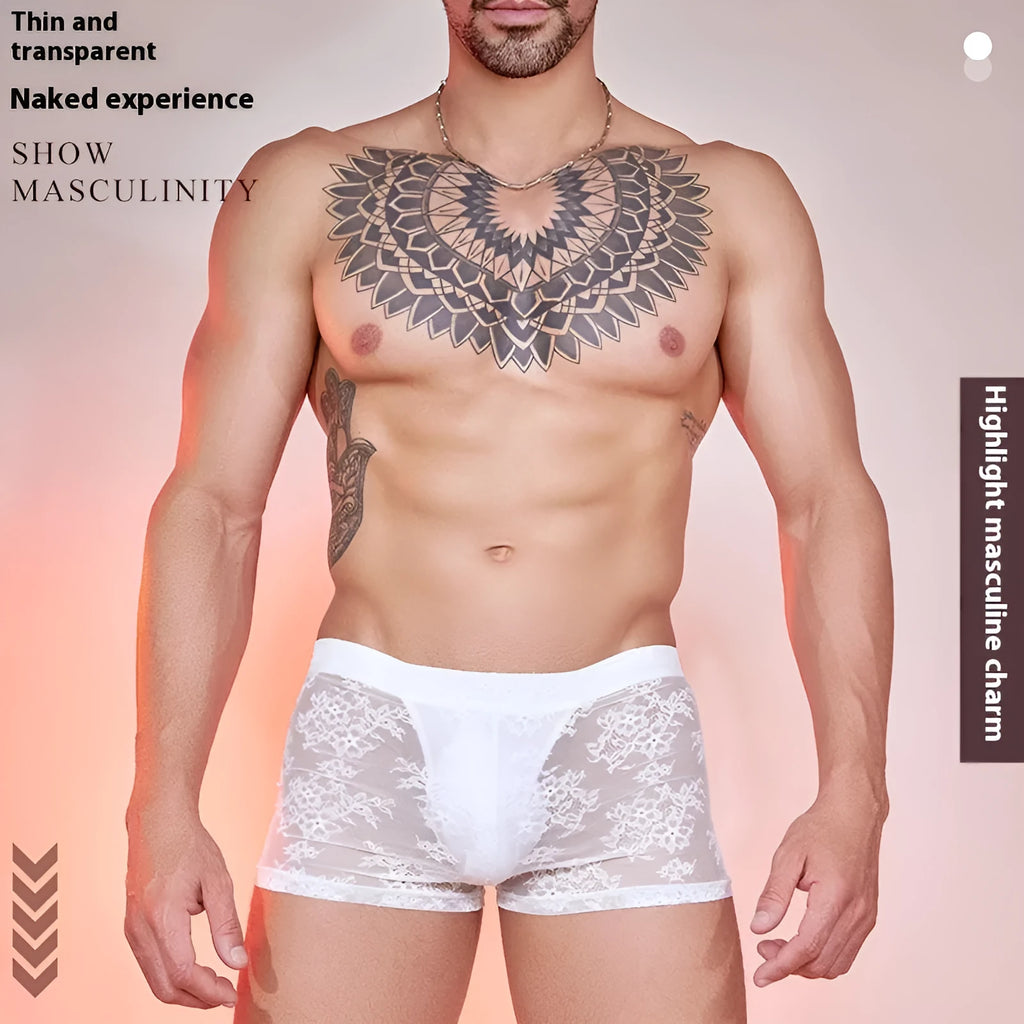 Nylon lace men's boxers in black, white, and red colours, free size.