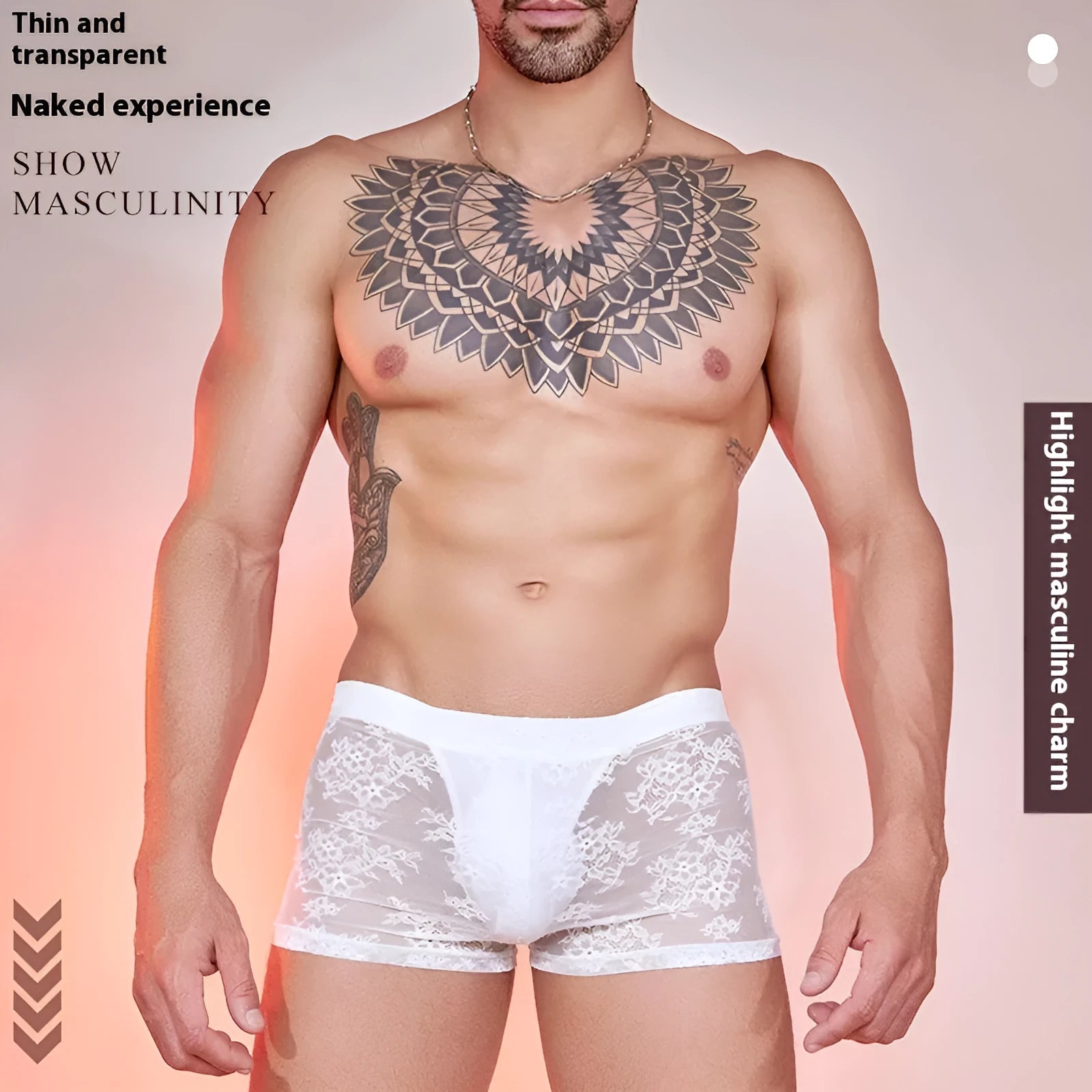 Nylon lace men's boxers in black, white, and red colours, free size.