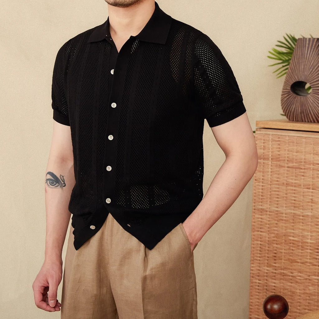 Men's short sleeve lapel collar cardigan shirt in striped pattern, available in creamy-white, black, and brown colours