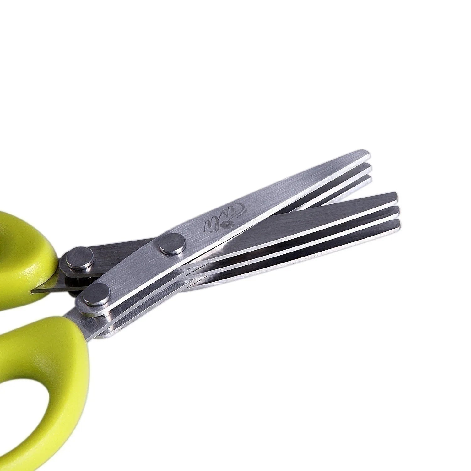 Stainless steel multi-layer herb scissors with green handles for chopping green onions and seaweed.