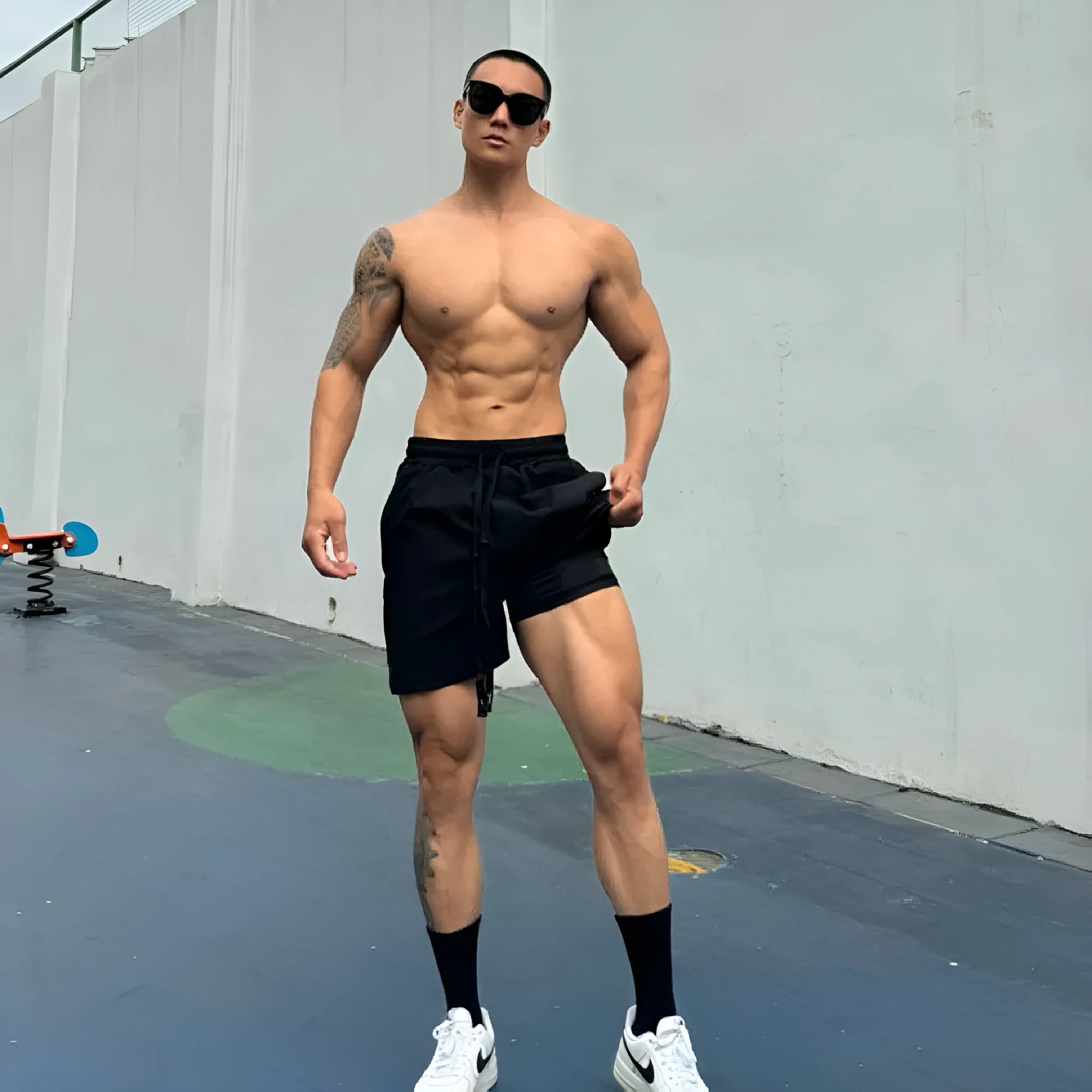 Man wearing ice silk quick-dry double-layer shorts in light grey, showing casual fit.