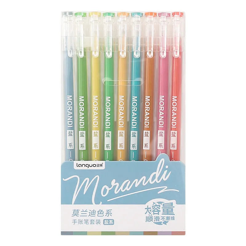 Set of nine retro colour gel pens with 0.5mm needle tips arranged in a row