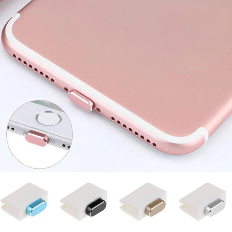 Aluminum alloy iPhone charging port dust plug in rose gold colour on a grey background.