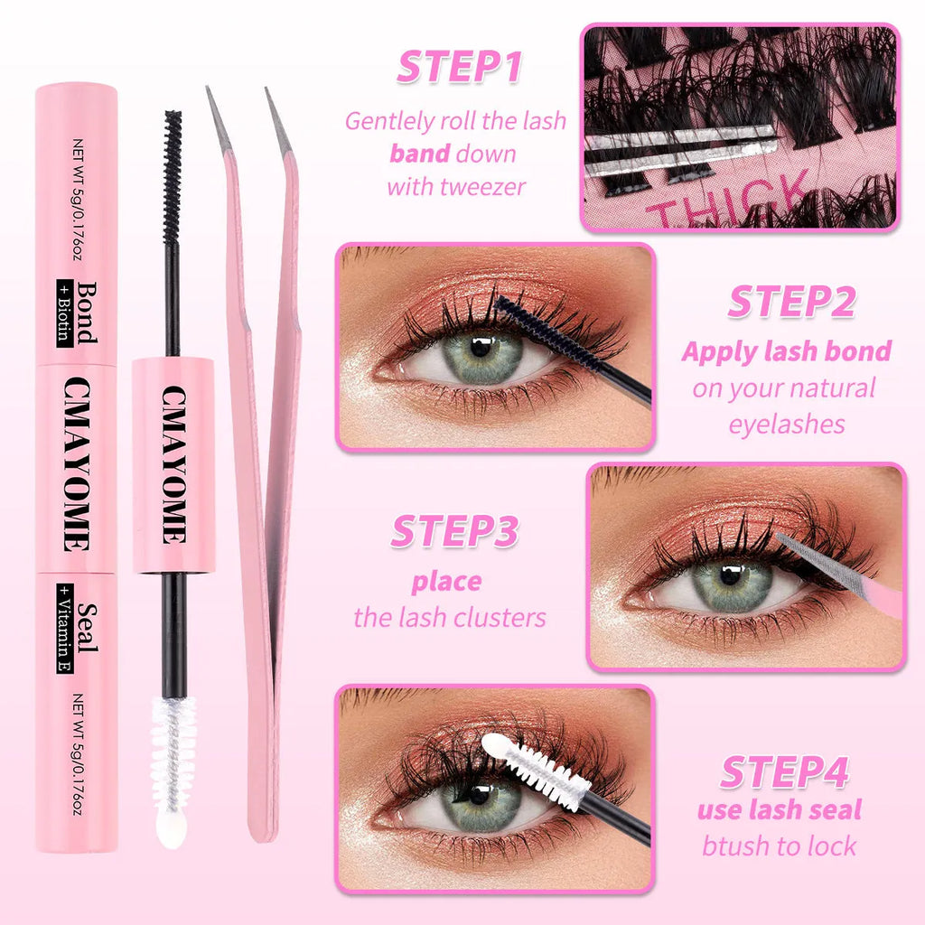 DIY false eyelash extension kit with tweezers and segment cluster lashes
