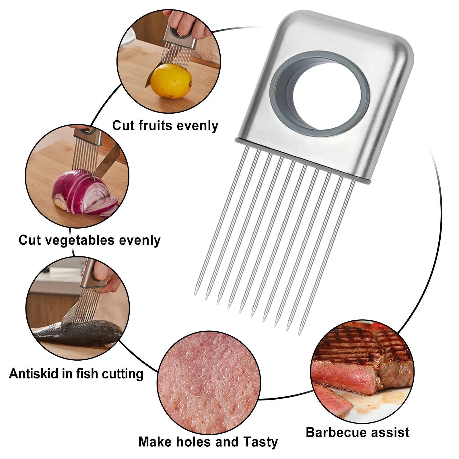 Stainless steel onion holder slicer kitchen tool with sharp prongs and finger guard on a cutting board.