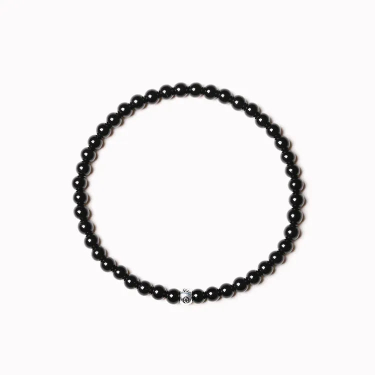 Unisex agate bracelet with obsidian, blue san, and black agate 4mm geometric beads and electroplated elements