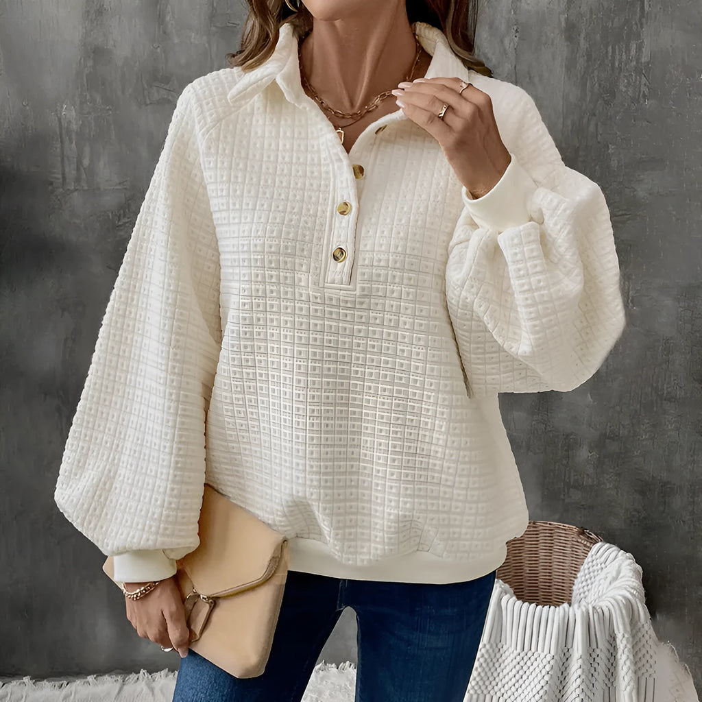 Women's textured polo collar thickened sweater in solid milky white colour