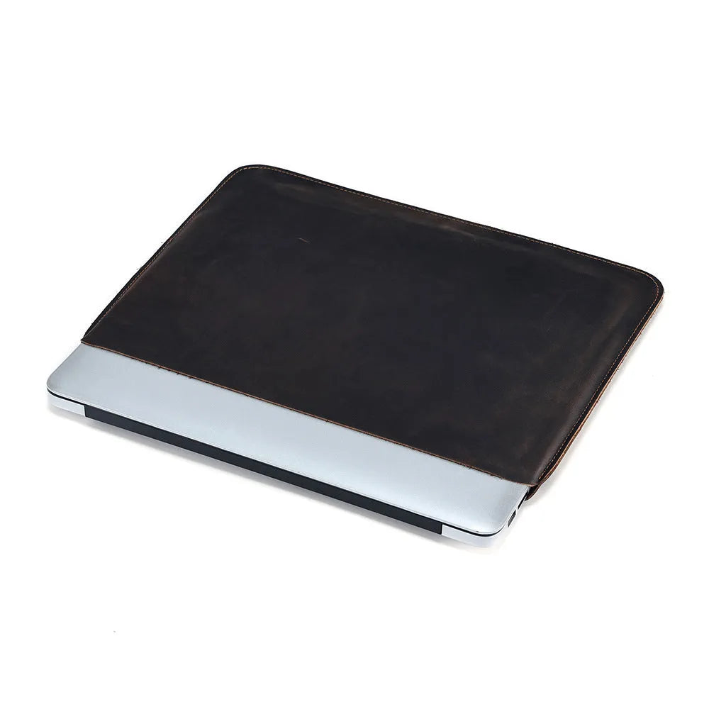 Men's brown crazy horse leather computer liner bag showing solid colour design and genuine leather construction