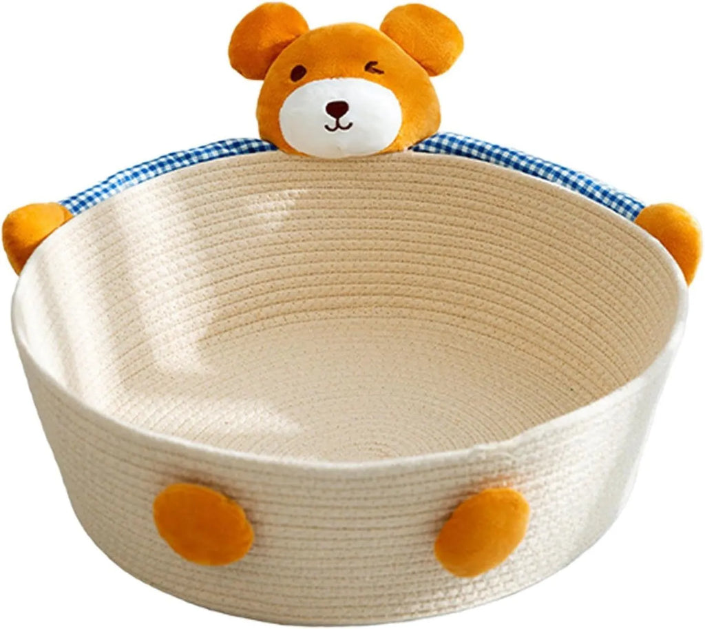 Woven cotton rope cat bed with integrated scratching surface in rabbit motif