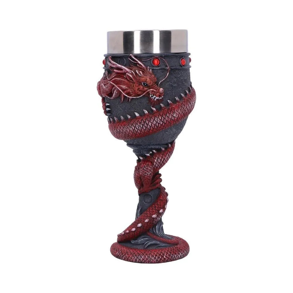 Red wine glass with Chinese dragon 3D stainless steel detailing in gold colour