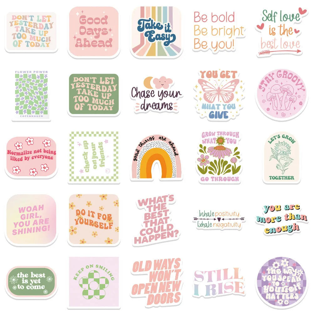Pack of 50 pink graffiti-style motivational statement stickers for laptop and luggage decoration