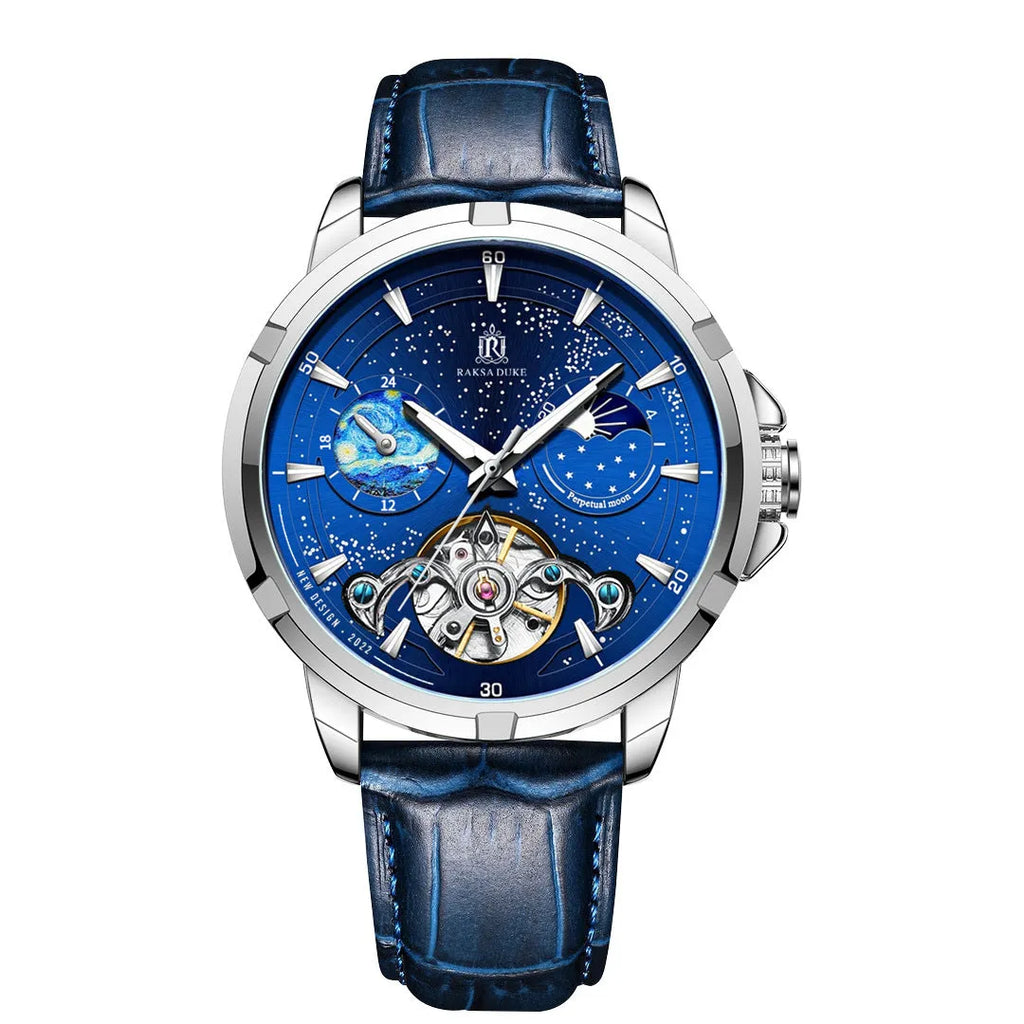 Men's blue automatic mechanical watch with leather strap on wrist, showing 42mm case.