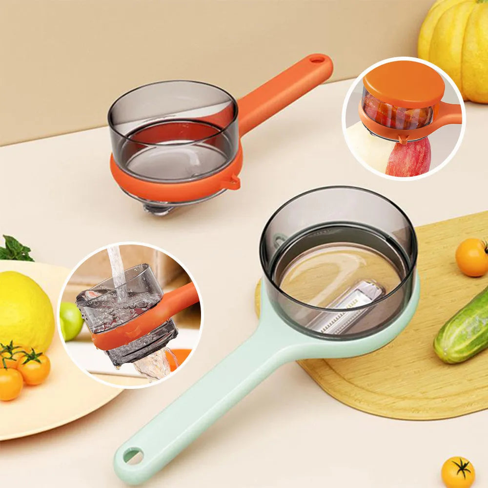 Light green plastic kitchen peeler with built-in storage bucket and scraper function.