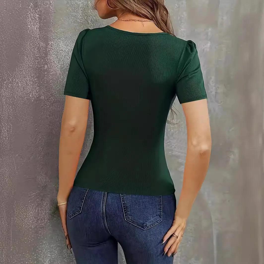 Women's wine red knitted short sleeve top with low neckline and slim fit.