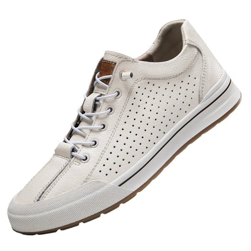 Men's white matte leather casual shoes with a 6cm platform and round toe on a plain background.