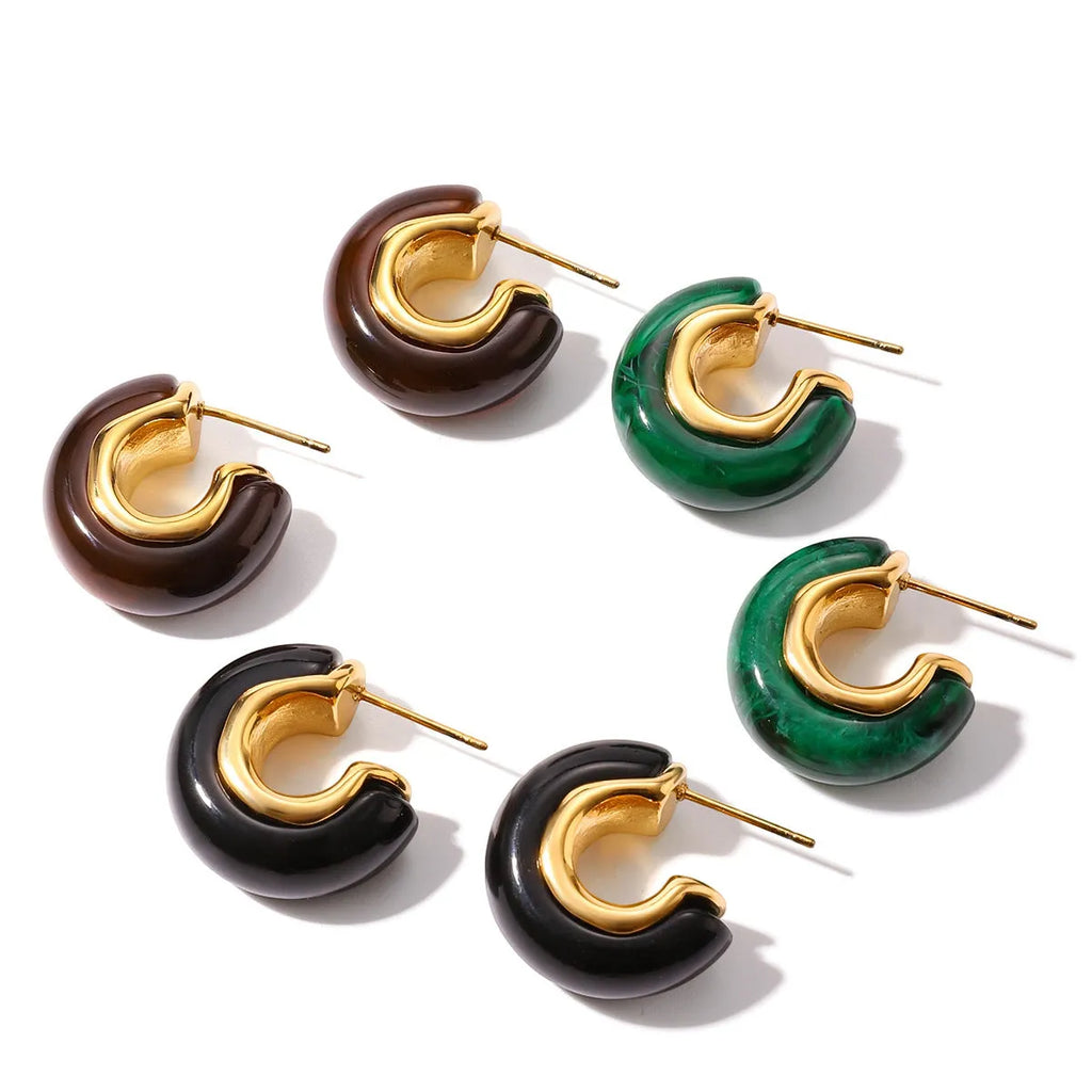 Stainless steel resin geometric ring stud earrings black bronze light luxury women