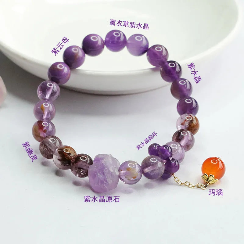 Natural nine purple fire amethyst and red agate Mori style stretch bracelet for Dragon Year