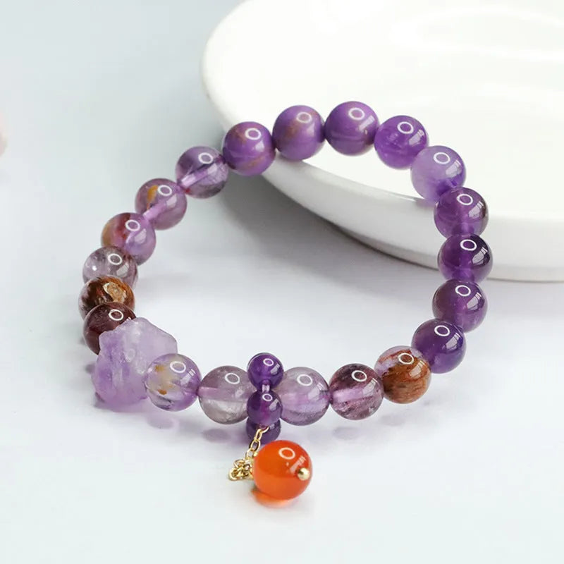 Natural nine purple fire amethyst and red agate Mori style stretch bracelet for Dragon Year