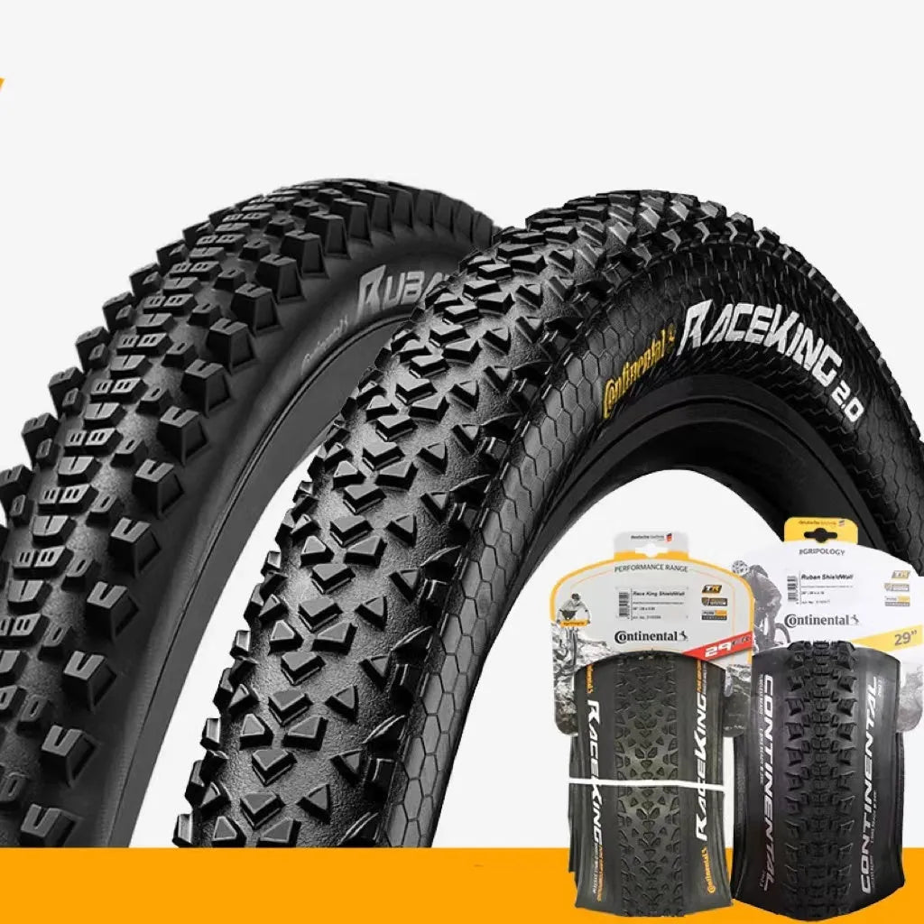 Mountain bike folding tyre with 3-layer construction shown in yellow or white sidewall options
