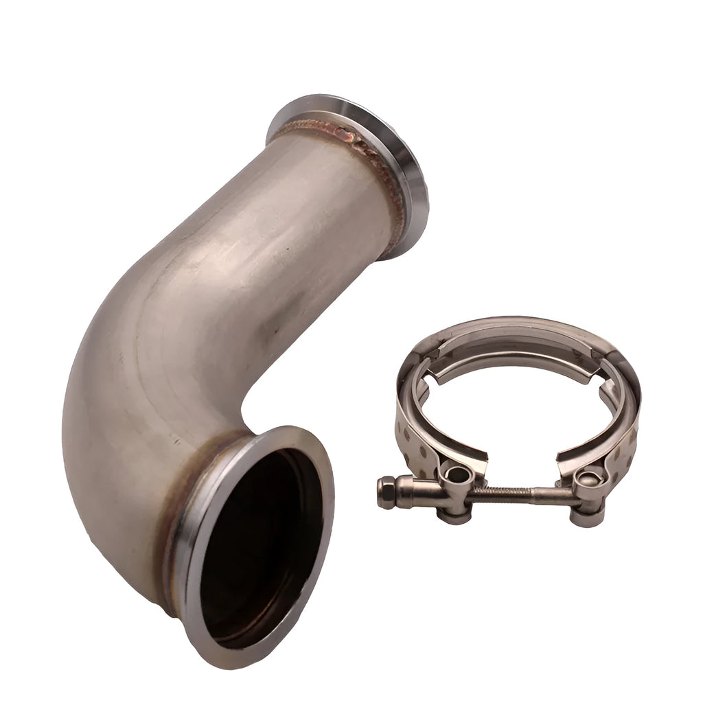 Stainless steel V-clamp downpipe connector for drainage pipe joining.