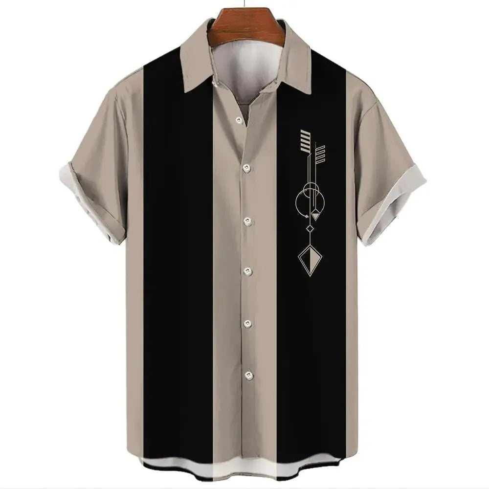 Men's striped Hawaiian shirt with button front and short sleeves in elastic polyester fabric