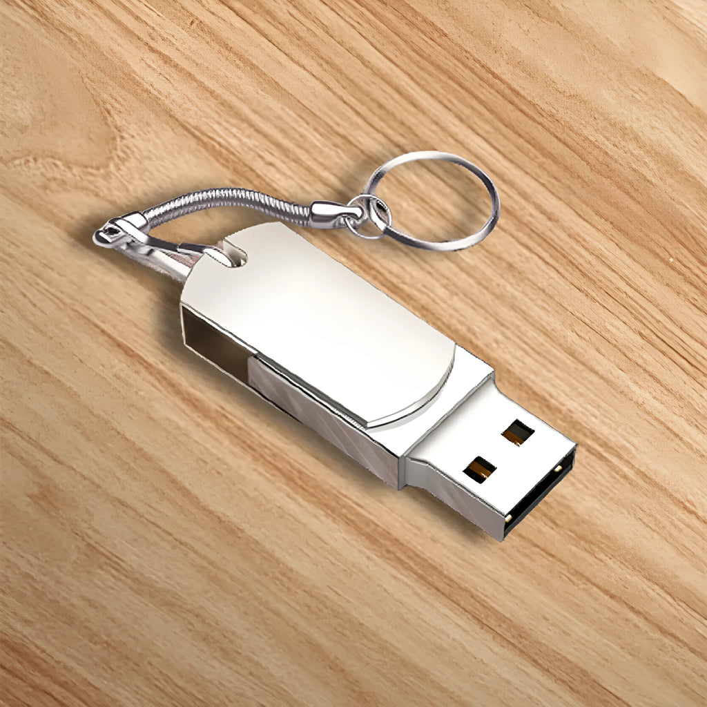 Small white metal rotating USB flash drive showing dimensions and connector