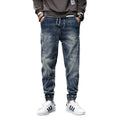 Men's plus velvet stretch slim casual jeans in blue, cotton with non-iron finish, mid-rise tether closure