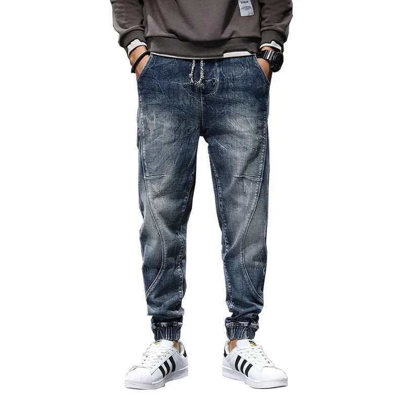 Men's plus velvet stretch slim casual jeans in blue, cotton with non-iron finish, mid-rise tether closure