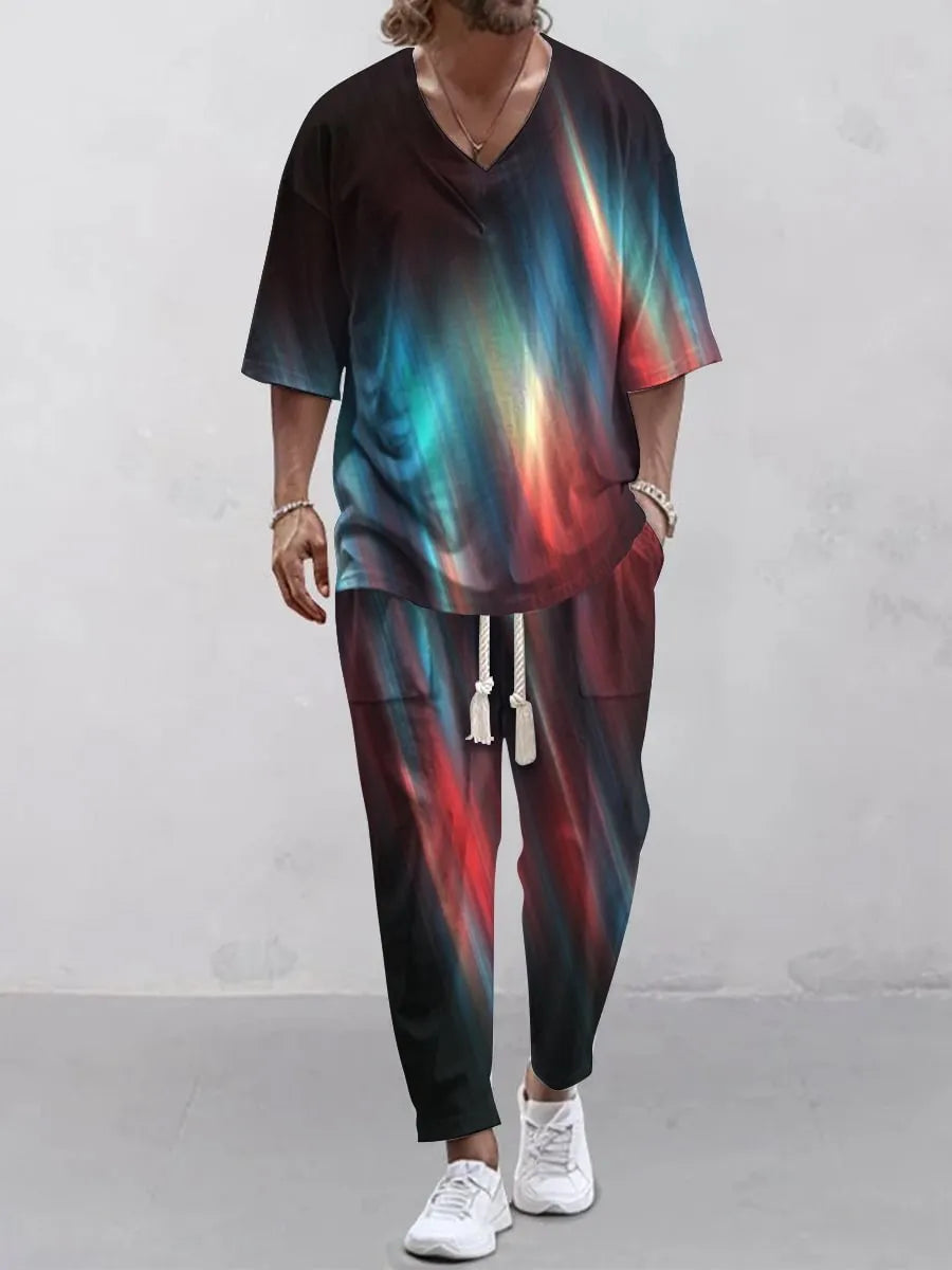 Men's lightweight polyester trousers suit with a V-neck cropped sleeve jacket