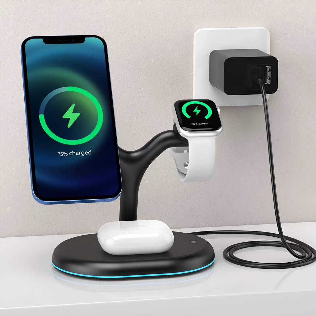 Black three-in-one magnetic wireless charging station for mobile phone, smartwatch, and wireless earbuds.
