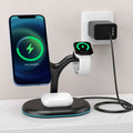 Black three-in-one magnetic wireless charging station for mobile phone, smartwatch, and wireless earbuds.
