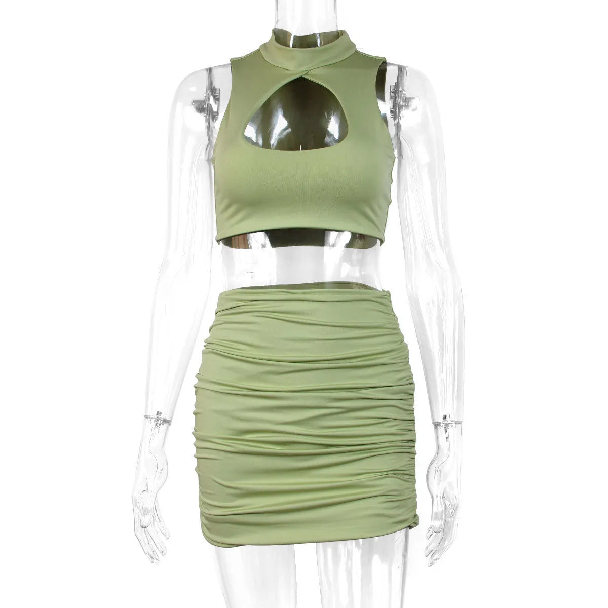Women's light purple two-piece set with hollow vest top and high-waist split skirt