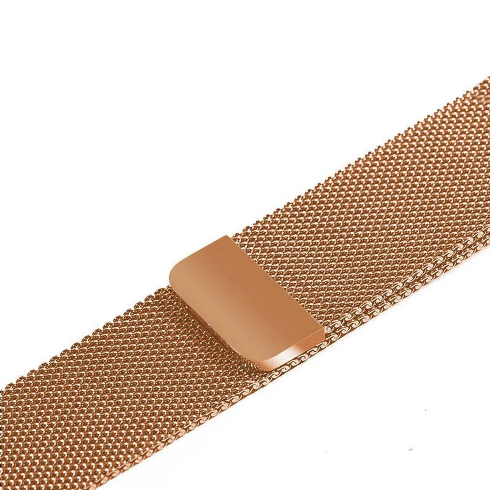 Stainless steel metal link bracelet strap for Apple Watch in silver, black, gold, and rose gold.
