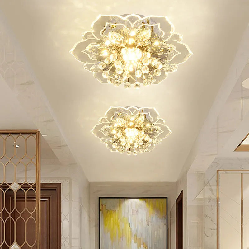 Modern crystal ceiling lamp with flower-shaped acrylic shade and stainless steel fittings