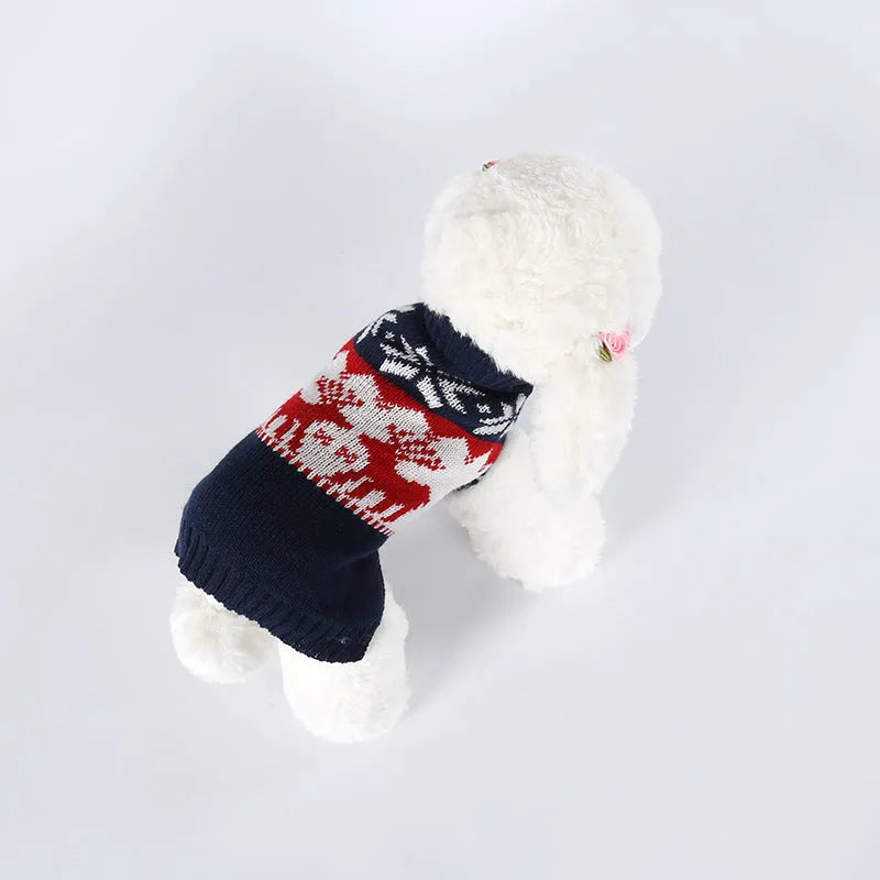 Navy blue knitted Christmas sweater for dogs on small to medium sized pet