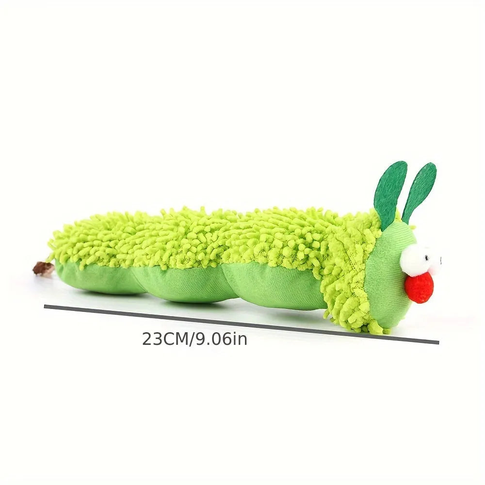 Green interactive plush cat toy pillow measuring 24cm long with rechargeable electronic sports functionality